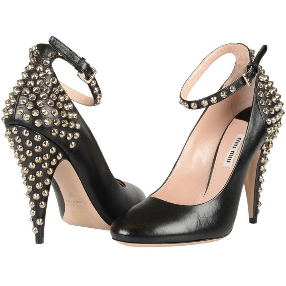 Miu Miu Leather Metal Studs High Heel Pumps Shoes IT 38; Black